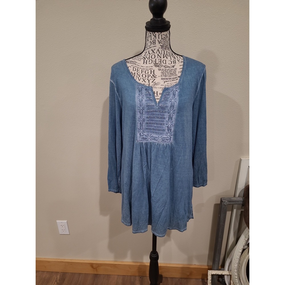 Unity One World Boho Blue Embroidered Tunic Top 3/4 sleeve Women SZ XL casual